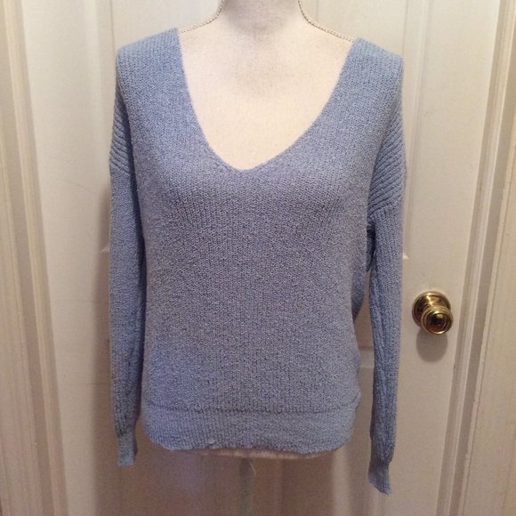 Line & Dot Sweater MP Light Blue Deep Twist Crossover Neck Long Sleeve - Picture 1 of 7